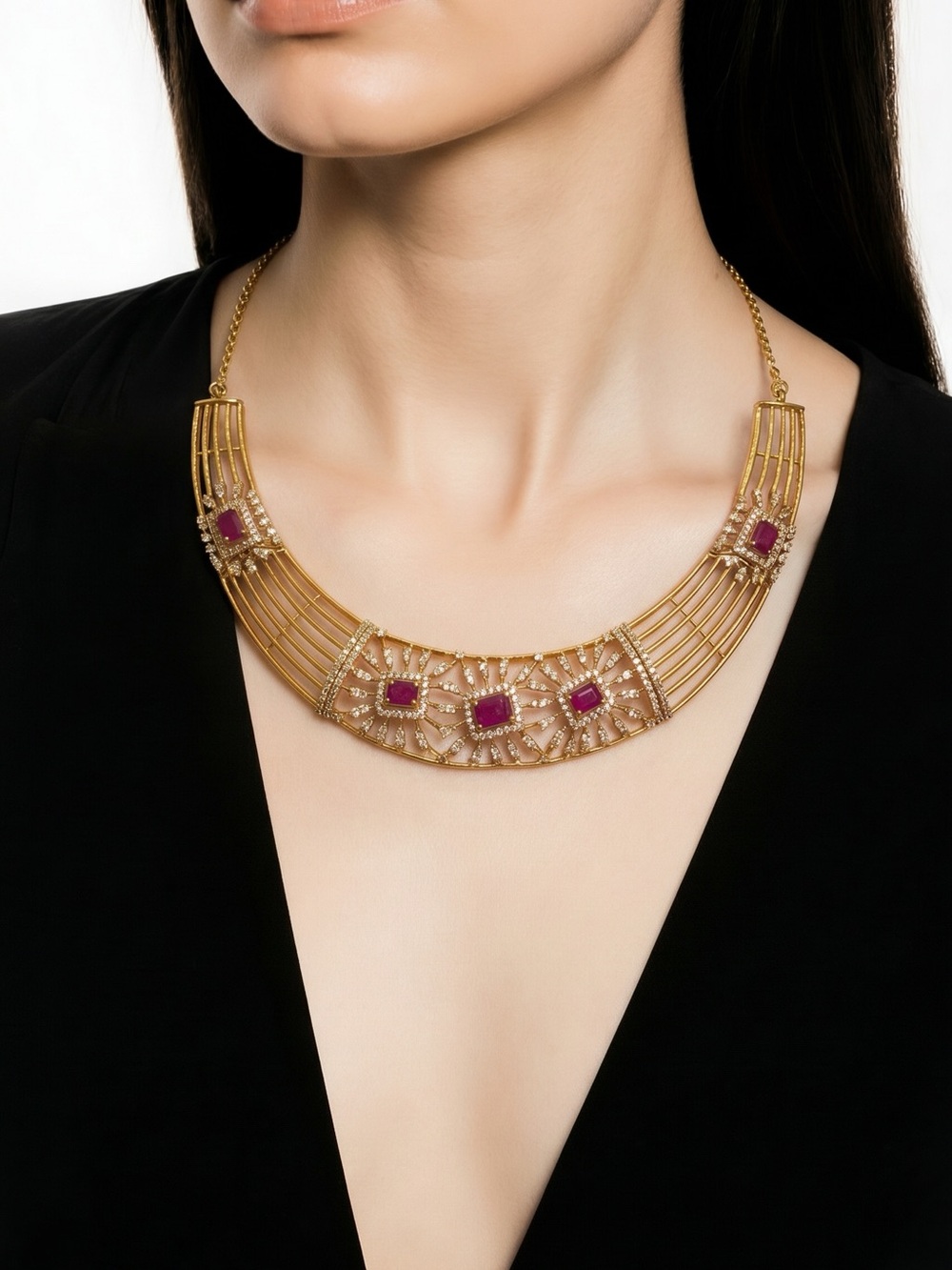 Elegant Gold-Tone Necklace & Earring Set with Ruby-Colored Accents